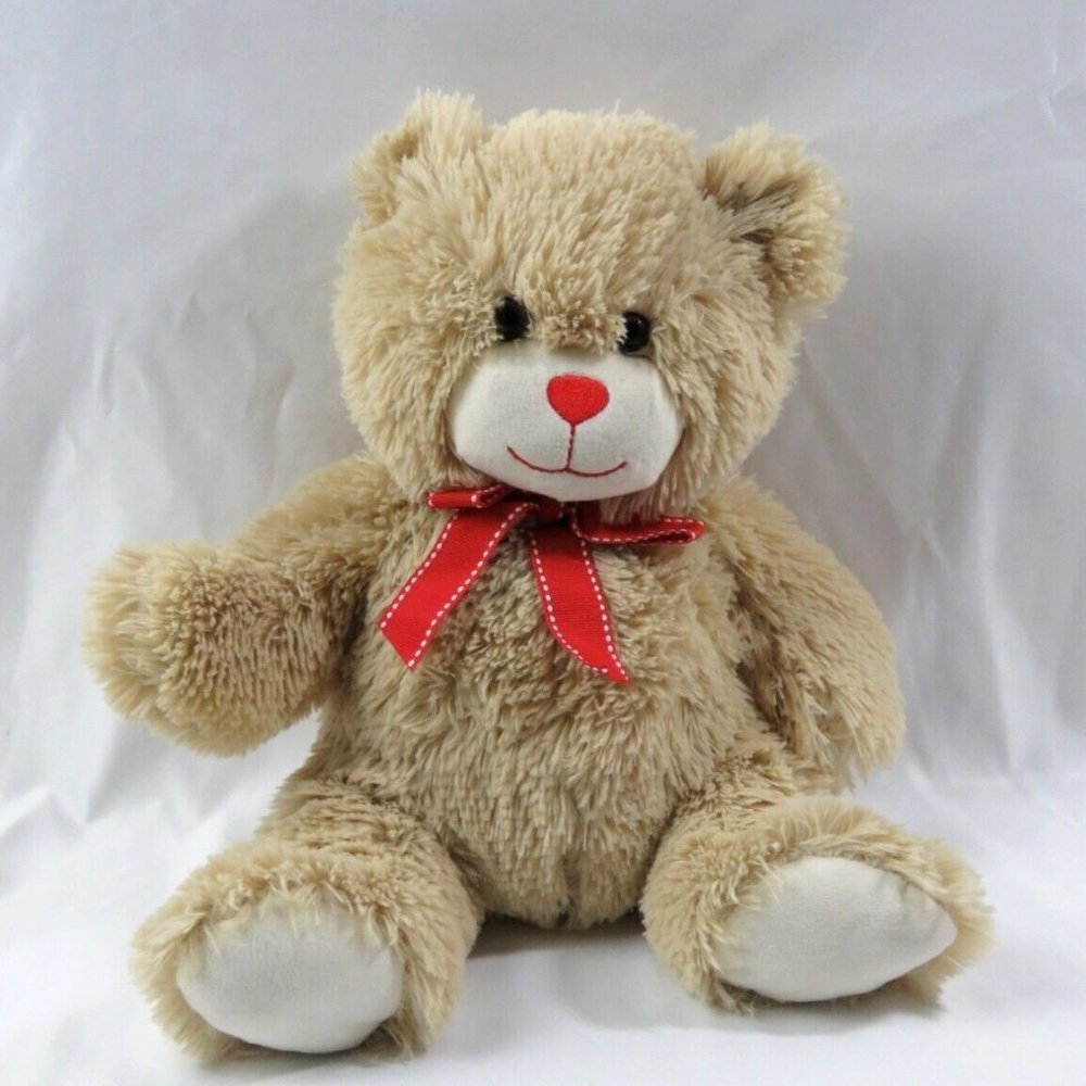 burton + Burton Teddy Bear Plush Soft Shaggy Oatmeal Stuffed Animal Red Bow